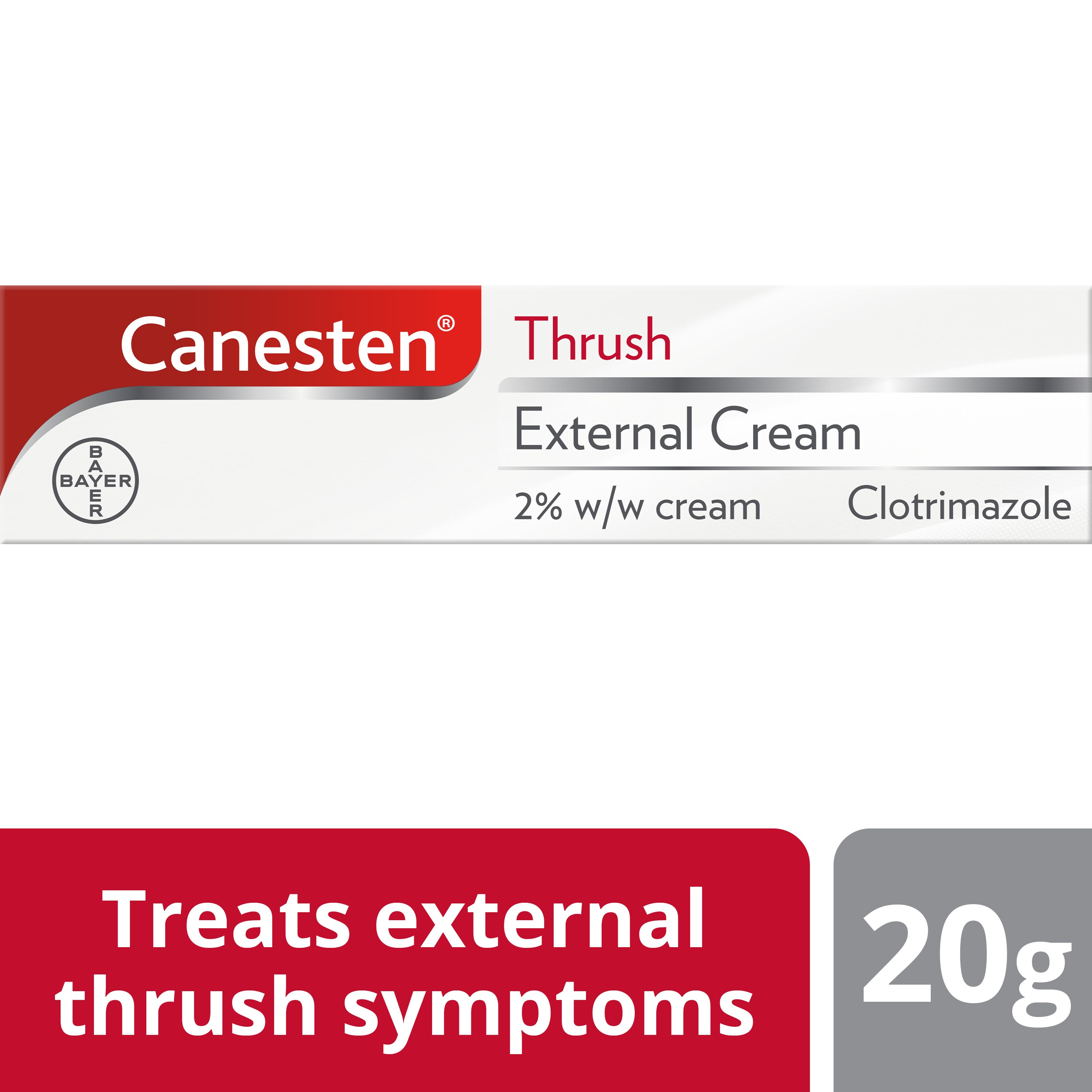 Hero image of Canesten Thrush External Cream  with bottom caption, treats external thrush symptoms 20g