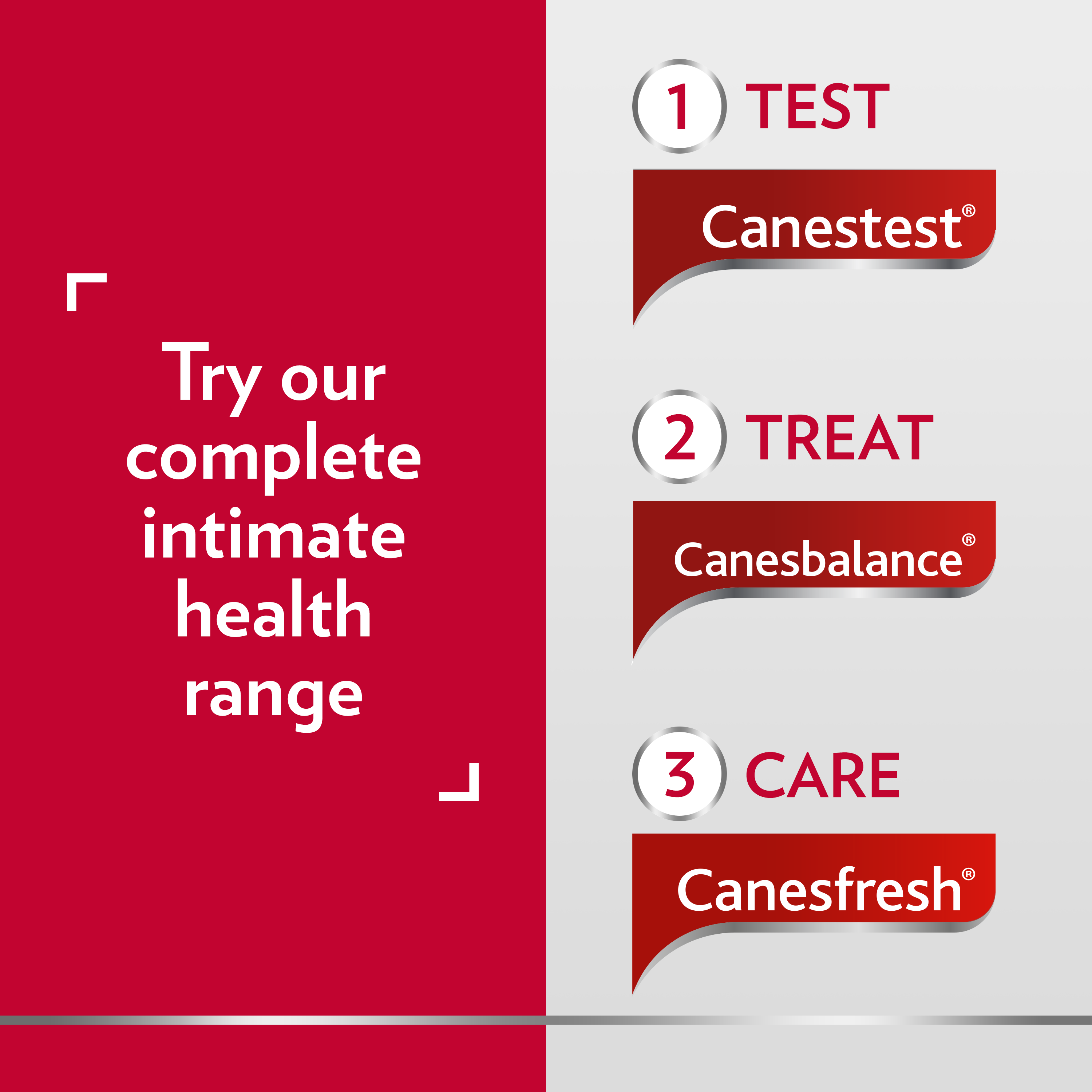 Poster with the text Try our complete intimate health range and Treat the symptoms with Canesten, Care with Canesfresh, Prevent with Canesflor.