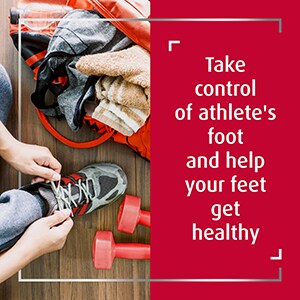 Active person tying grey shoe next to lying dumbbells in gym, with caption take control of athlete’s foot and help your feet get healthy