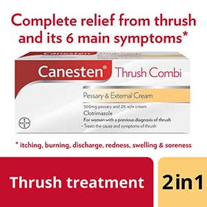 Thrush treatment 2 in 1, Canesten Thrush Combi Vaginal Pessary and External Cream, with caption Complete relief from thrush and its 6 main symptoms*  *Itching, burning, discharge, redness, soreness and swelling.