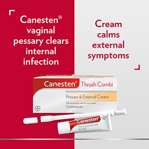 Canesten Thrush Combi Vaginal Pessary and External Cream with caption on the left Canesten vaginal pessary clears infection, and text on the right cream calms external symptoms