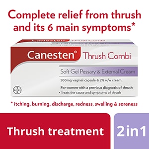 Thrush treatment 2 in 1, Canesten Thrush Combi Soft Gel Pessary and External Cream, with caption Complete relief from thrush and its 6 main symptoms* *Itching, burning, discharge, redness, soreness and swelling.