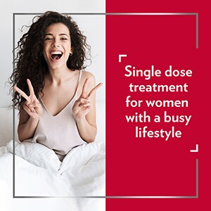 Young smiling woman with dark hair showing ‘V’ signs, with the caption Single dose treatment for women with a busy lifestyle.