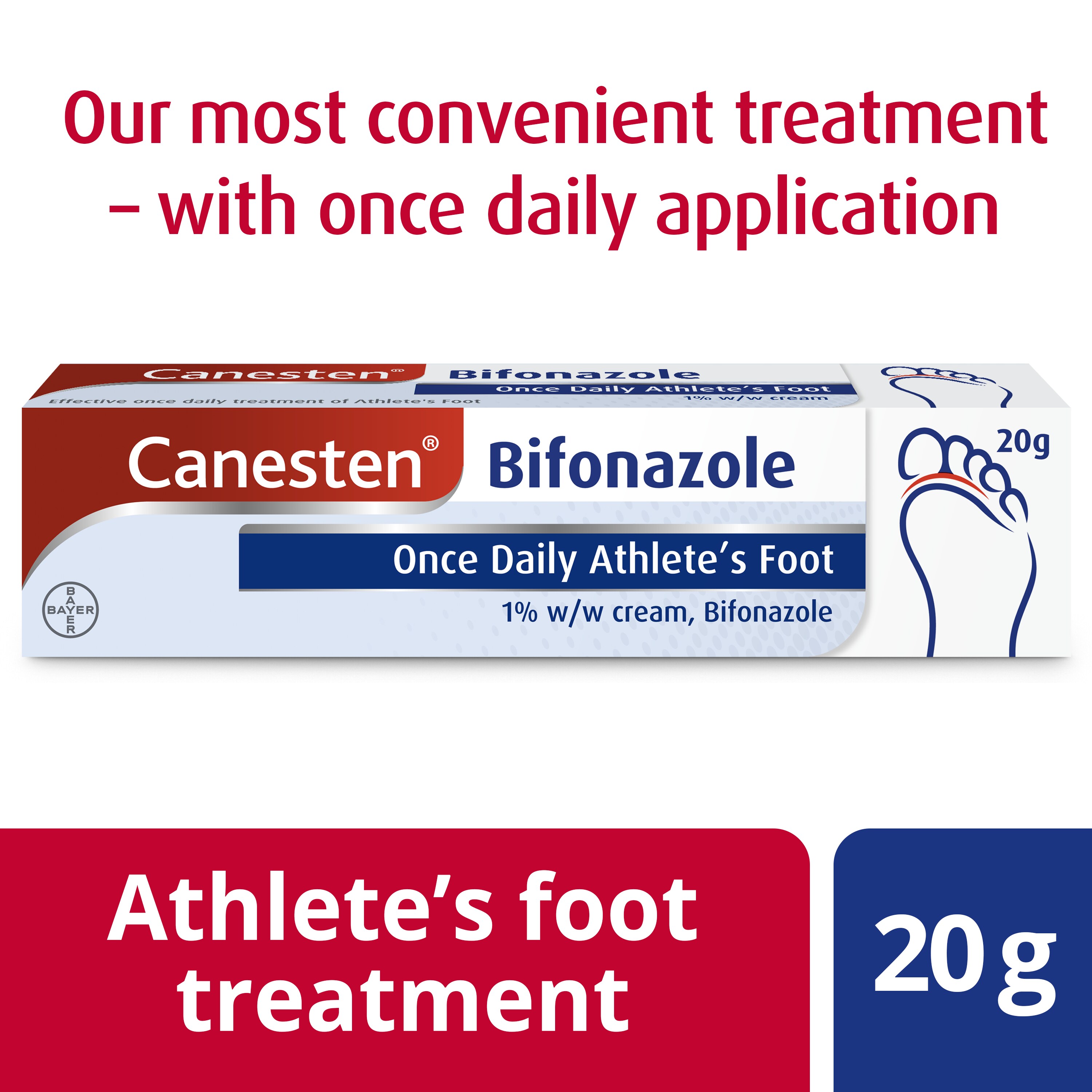 Canesten Bifonazole Once Daily Athlete’s Foot Cream for athlete’s foot treatment and the caption our most convenient treatment with once daily application