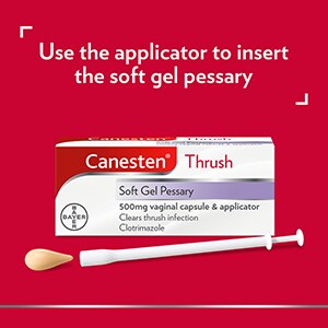 Canesten Thrush Soft Gel Pessary vaginal capsule and applicator, with the caption ‘’Use the applicator to insert the soft gel pessary’’