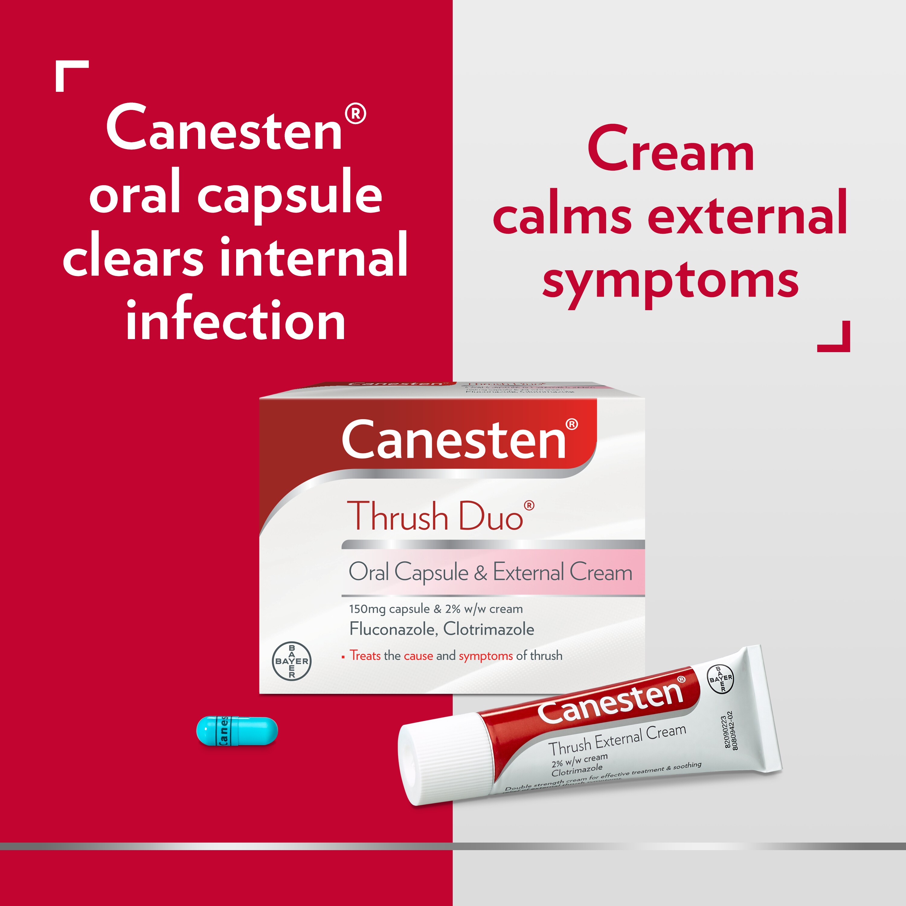 Canesten Thrush Duo Oral Capsule and External Cream, with the caption Canesten Oral capsule clears internal infection, and cream calms external symptoms