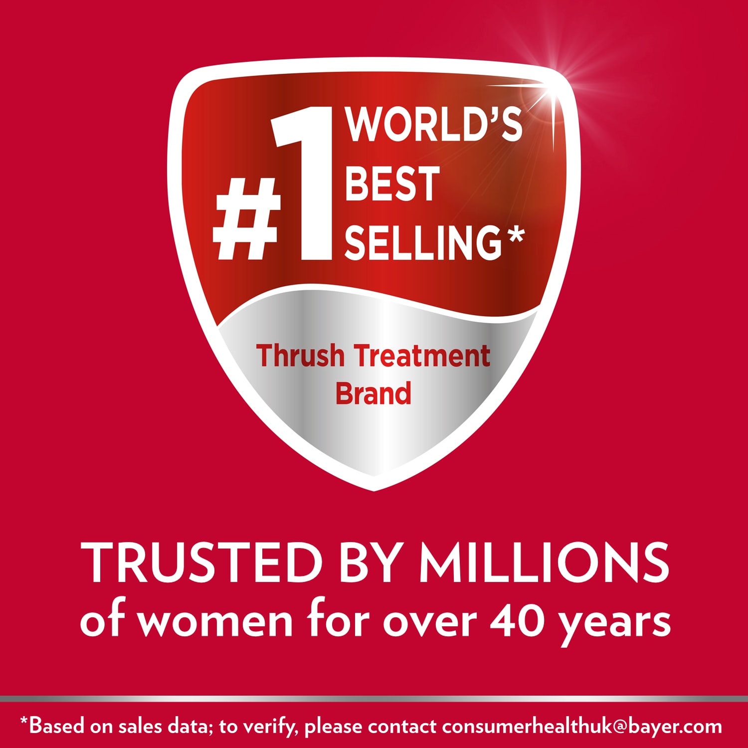 Canesten badge: #1 UK’s best-selling Thrush Treatment Brand# and caption Trusted by women for over 40 years.  # To verify, please contact consumerhealthuk@bayer.com