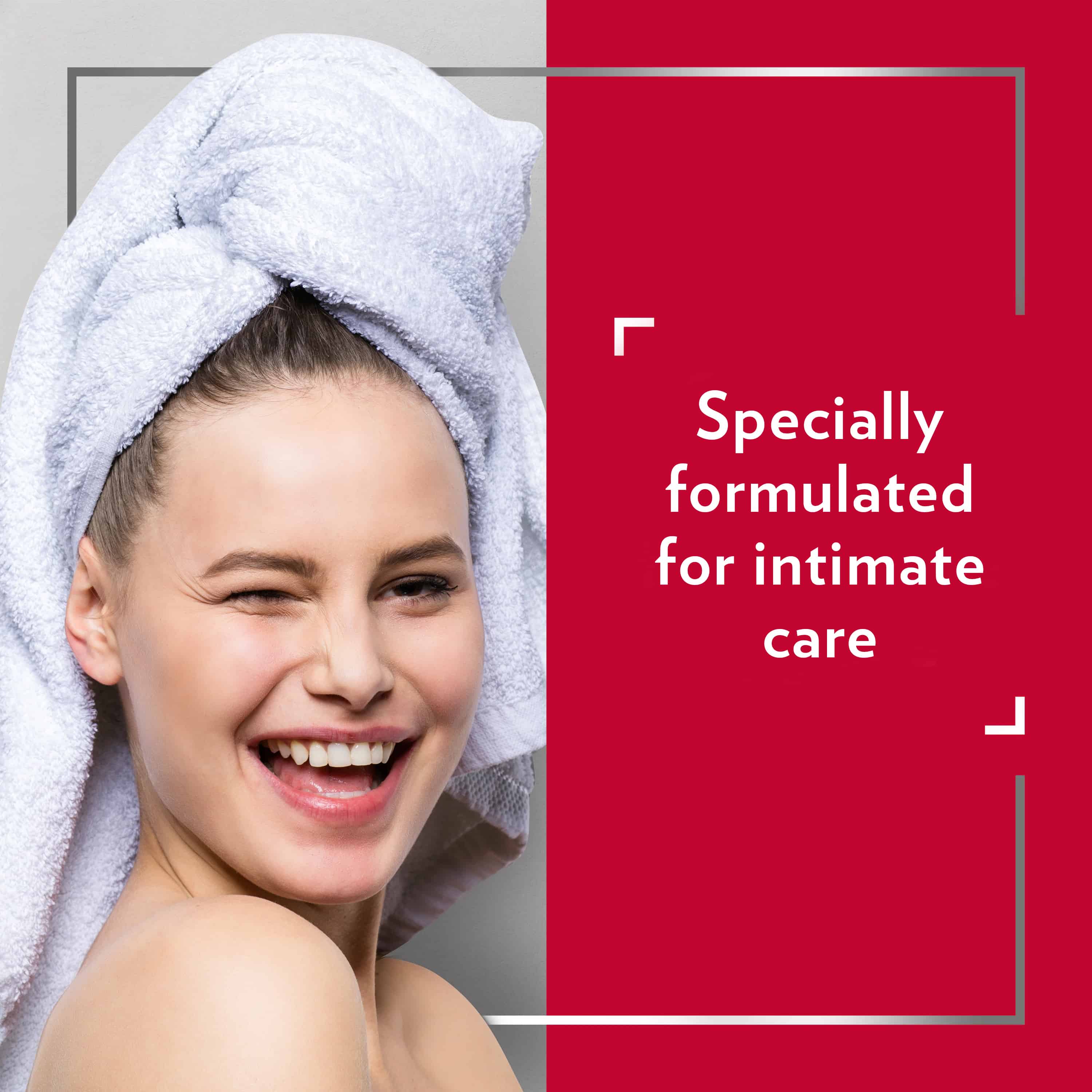 Young woman with hair wrapped in a towel, smiling and winking, with caption Specially formulated for intimate care.