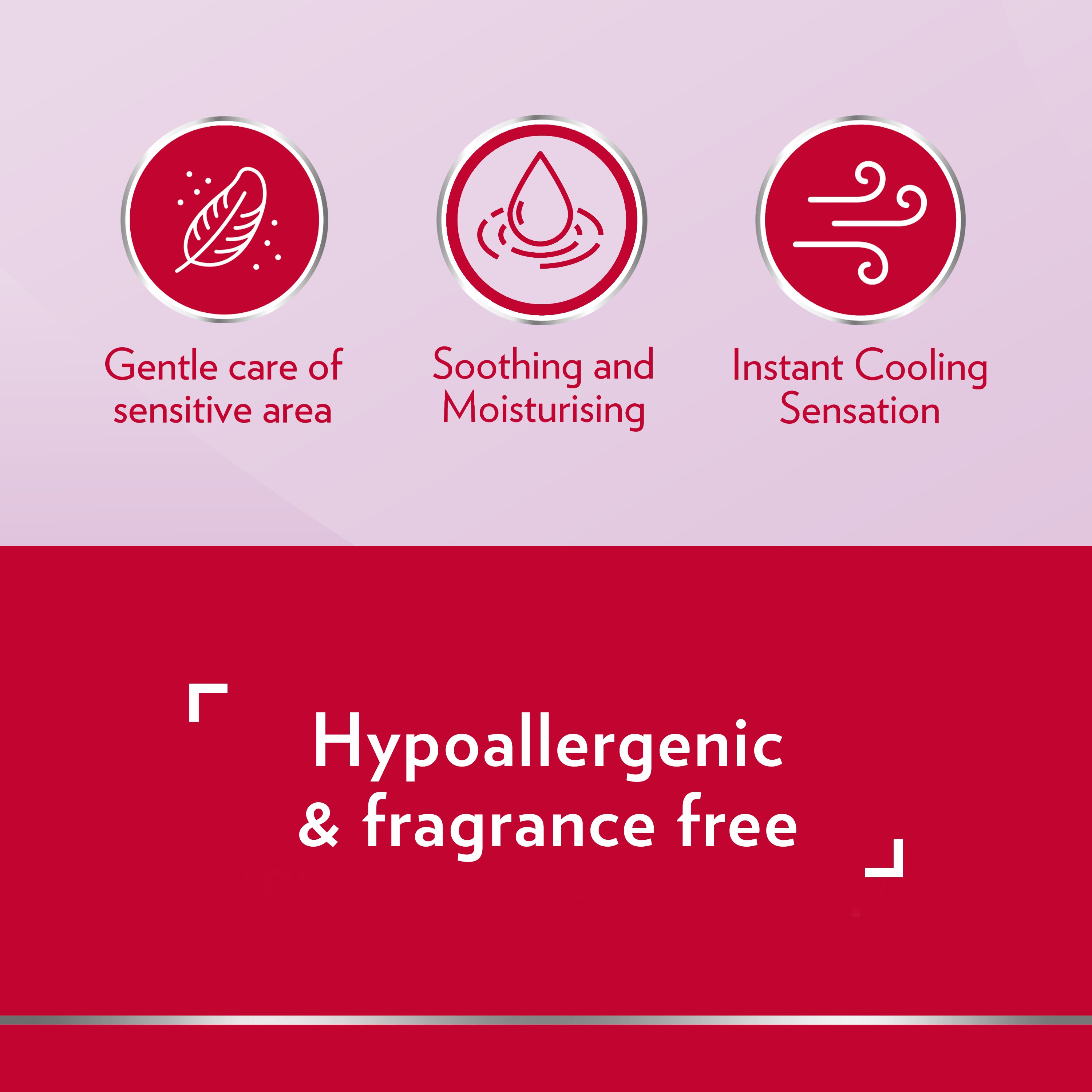 Three icons for “gentle care of sensitive area”, “soothing and moisturising” and “instant cooling sensation”. Copy reads “Hypoallergenic & fragrance free”.