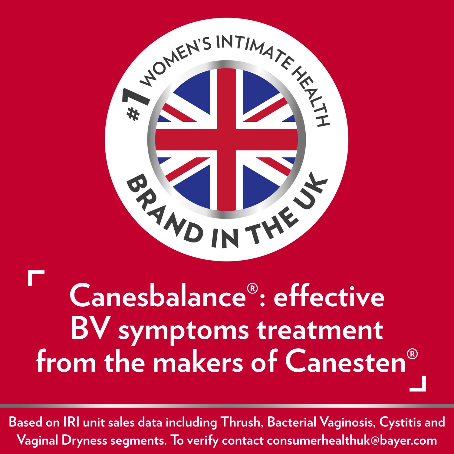 poster with #1 Women’s Intimate Health Brand in the UK* badge and caption Canesbalance®: effective BV symptoms treatment from the makers of Canesten®.
