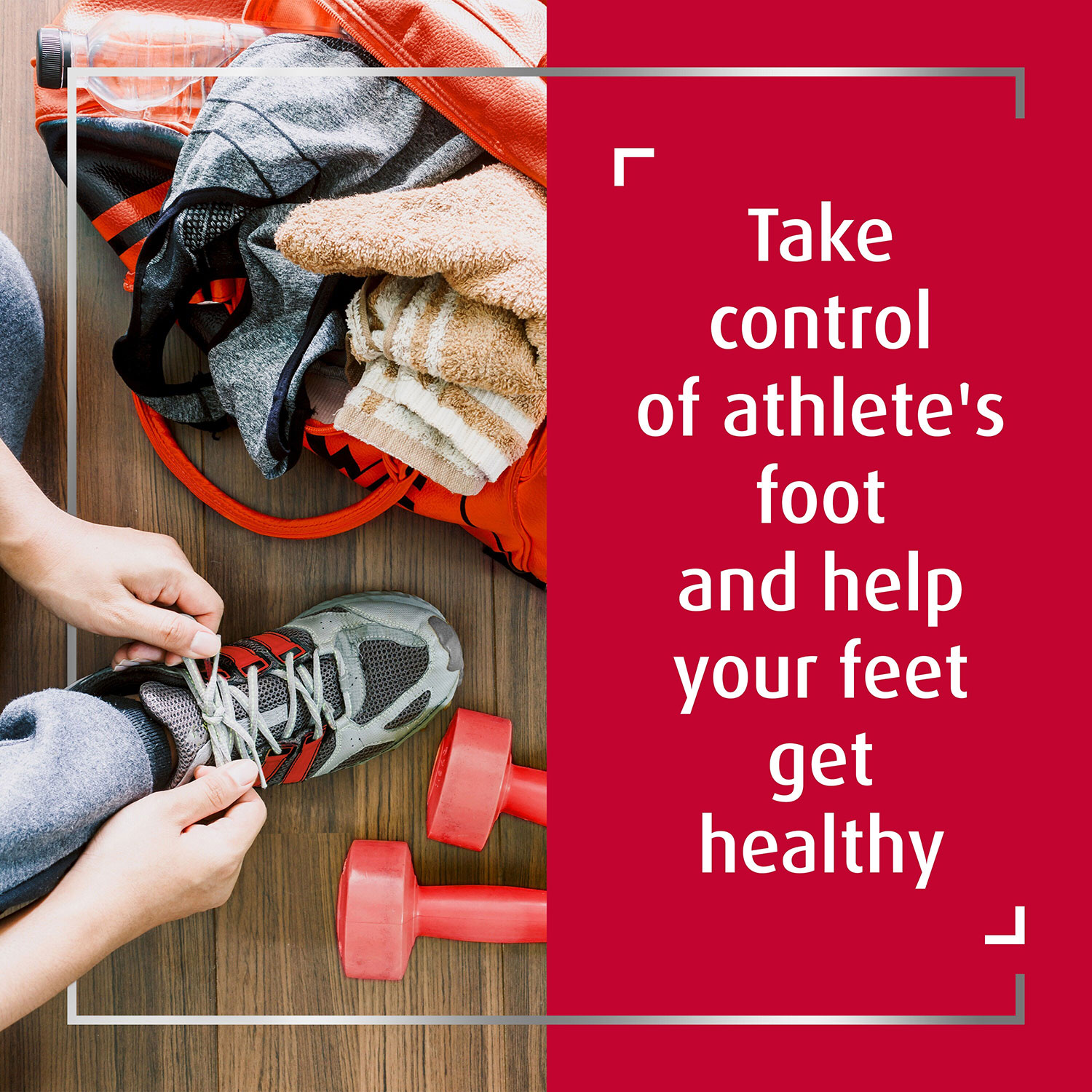 Active person tying grey shoe next to lying dumbbells in gym, with caption Take control of athlete’s foot and help your feet get healthy