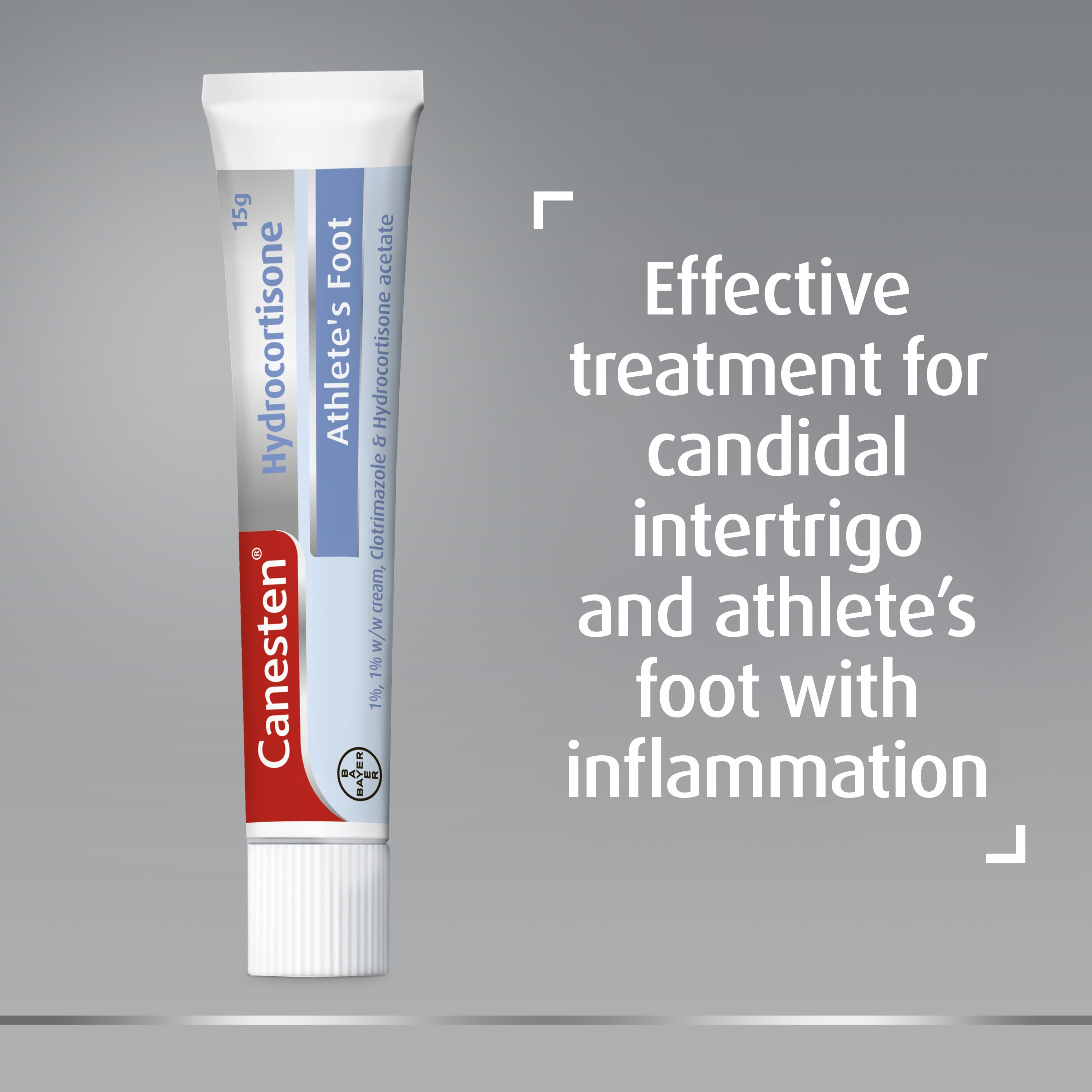 Canesten Hydrocortisone Athlete’s Foot Cream with caption “effective treatment for candidal intertrigo and athlete’s foot with inflammation”