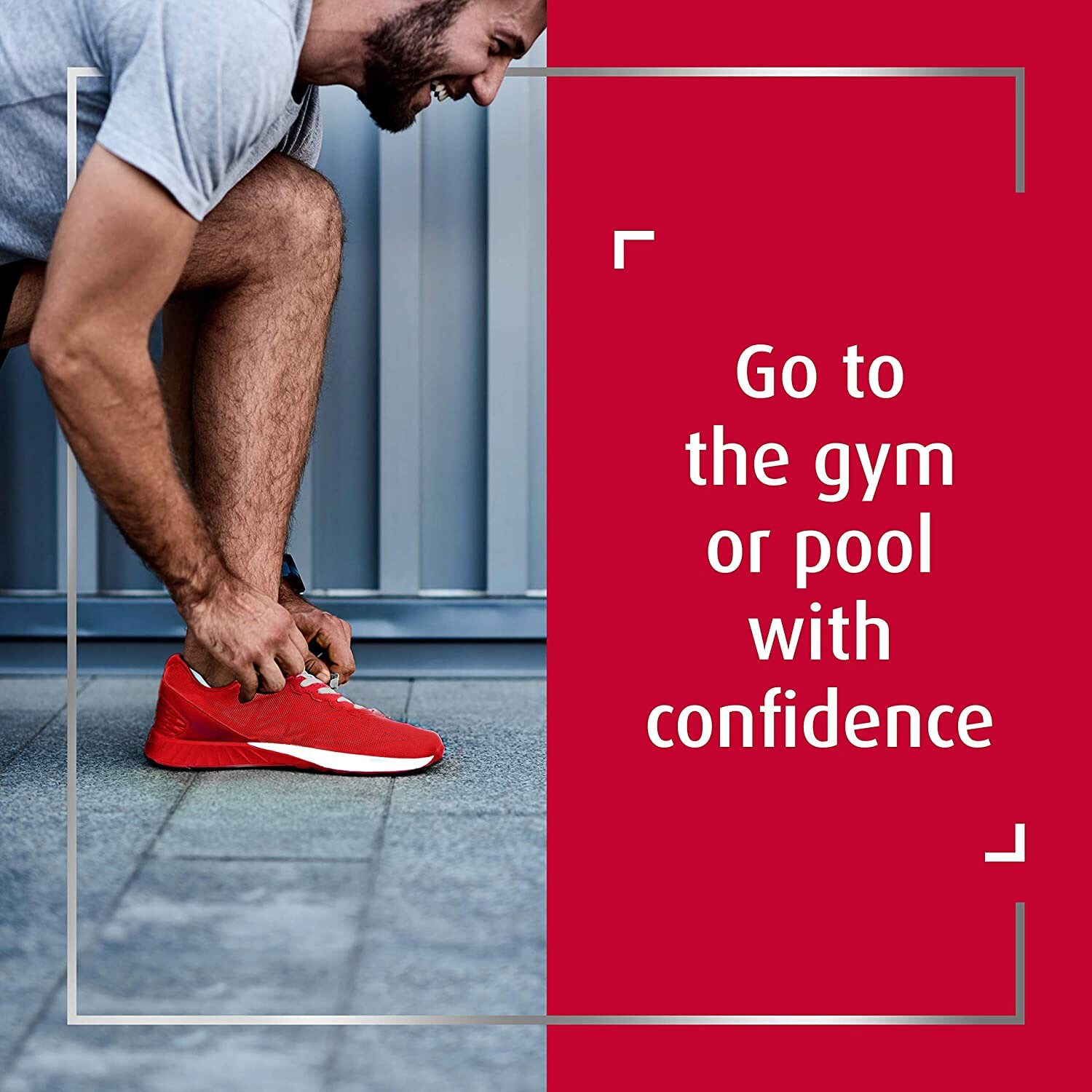 Smiling man in shorts tying red shoe, with caption go to the gym or pool with confidence