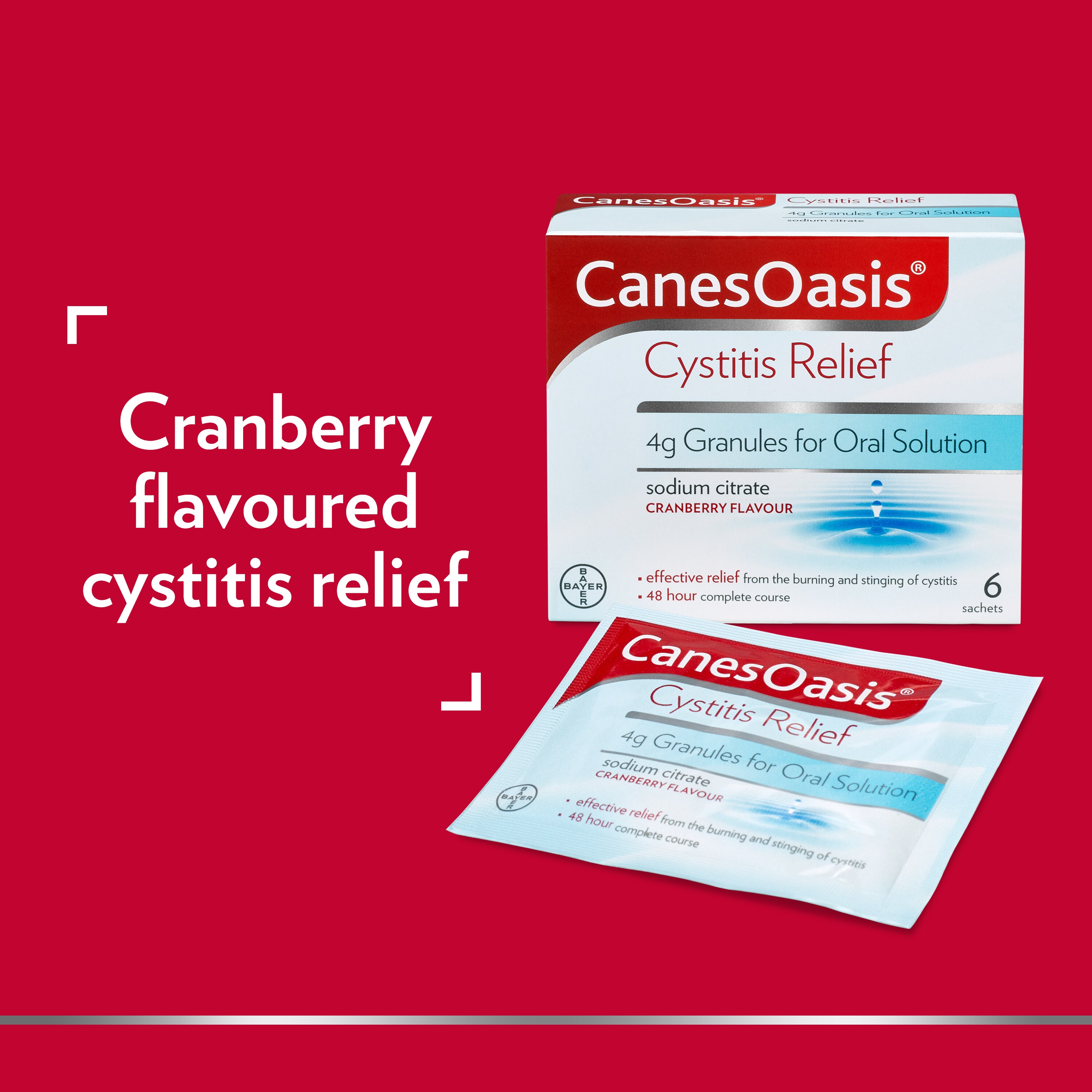 CanesOasis Cystitis Relief 4g Granules for Oral Solution saying cranberry flavoured cystitis relief