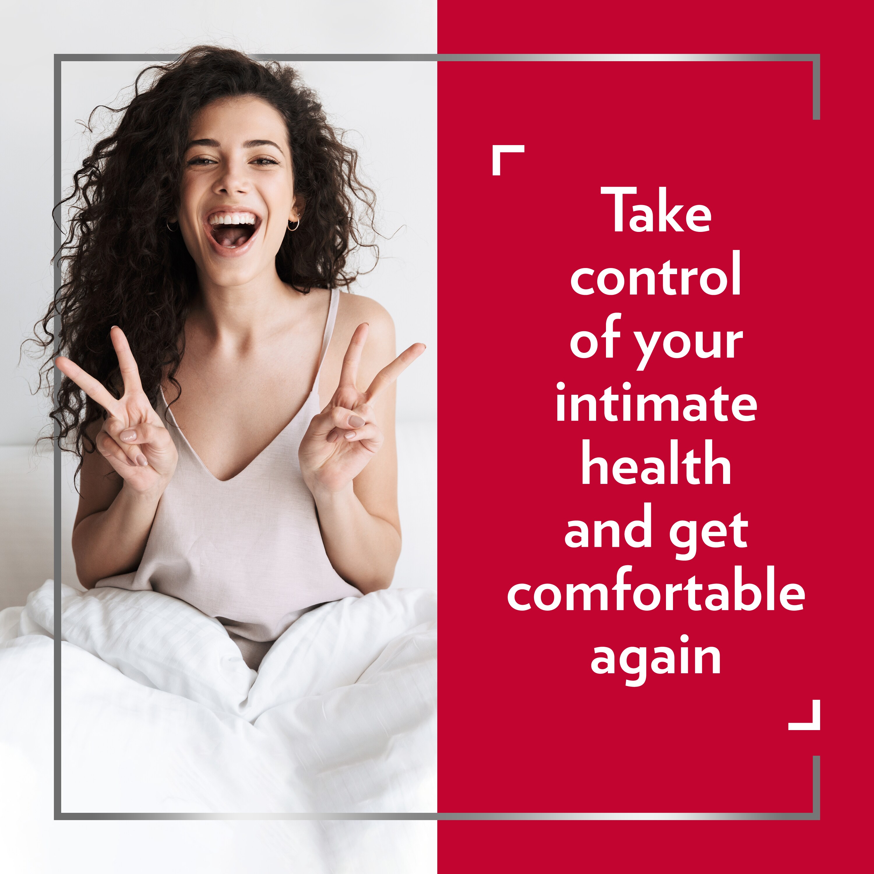 Young smiling woman holding fingers in peace signs saying take control of your intimate health and get comfortable again.