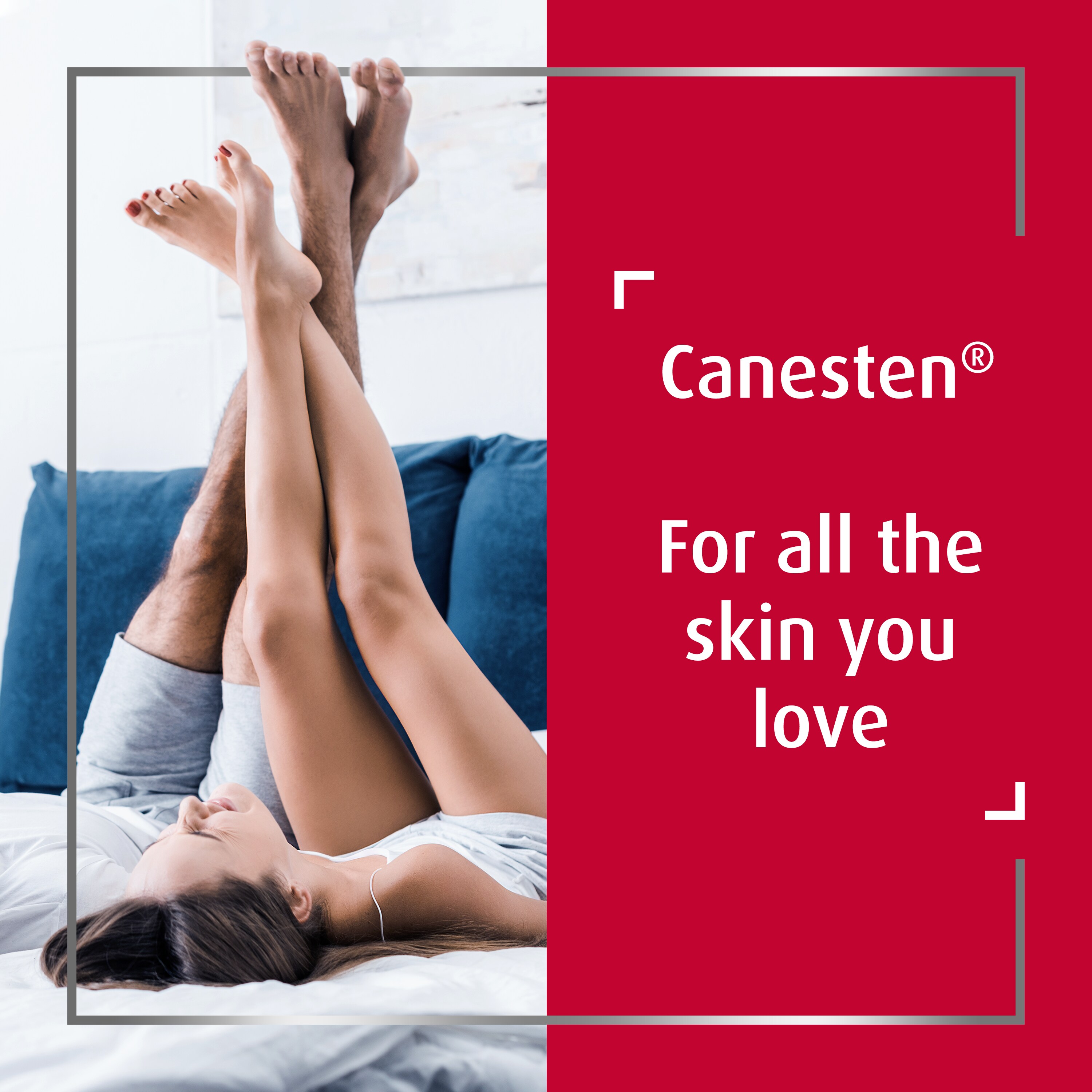 Couple lying on bed with crossed legs up and smiling, with caption Canesten for all the skin you love