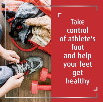 Active person tying grey shoe next to lying dumbbells in gym, with caption take control of athlete’s foot and help your feet get healthy 